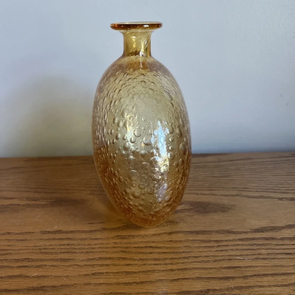 Vintage Bubble Glass Vase Amber Yellow Art Glass Contemporary MCM